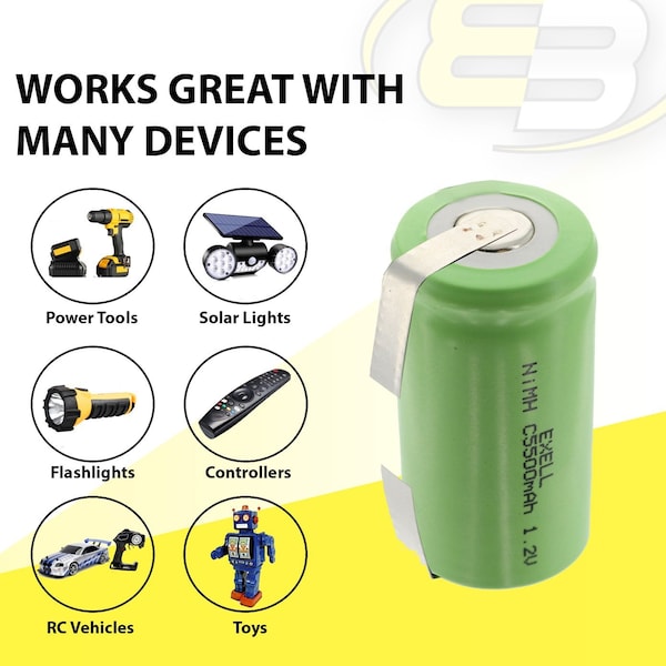 Exell Battery 1.2V 5000mAh NiMH C Size Rechargeable Battery w/ Tabs - EBC-542-1