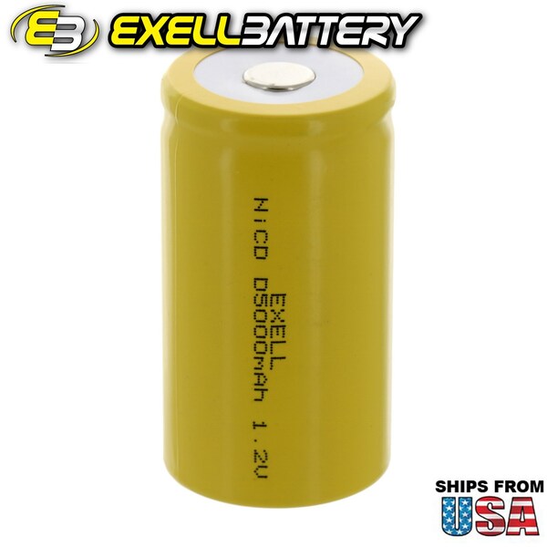 Exell Battery D Size 1.2V 5000mAh NiCD Flat Top Rechargeable Battery - EBC-342-0