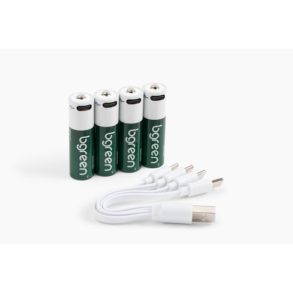 Bgreen USB-C Rechargeable AA Batteries, 3400 mAh, High Output, Fast Charge, Charging cable included, 4PK - UBG-4PCAA