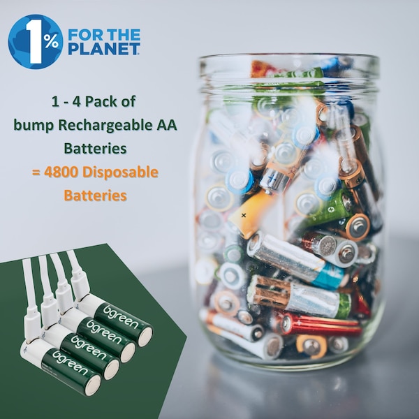 Bgreen USB-C Rechargeable AA Batteries, 3400 mAh, High Output, Fast Charge, Charging cable included, 4PK - UBG-4PCAA