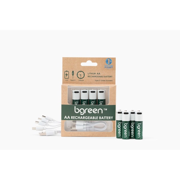 Bgreen USB-C Rechargeable AA Batteries, 3400 mAh, High Output, Fast Charge, Charging cable included, 4PK - UBG-4PCAA