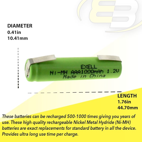 Exell Battery 1.2V NIMH AAA 1000mAh Rechargeable Battery with Tabs - EBC-526-1