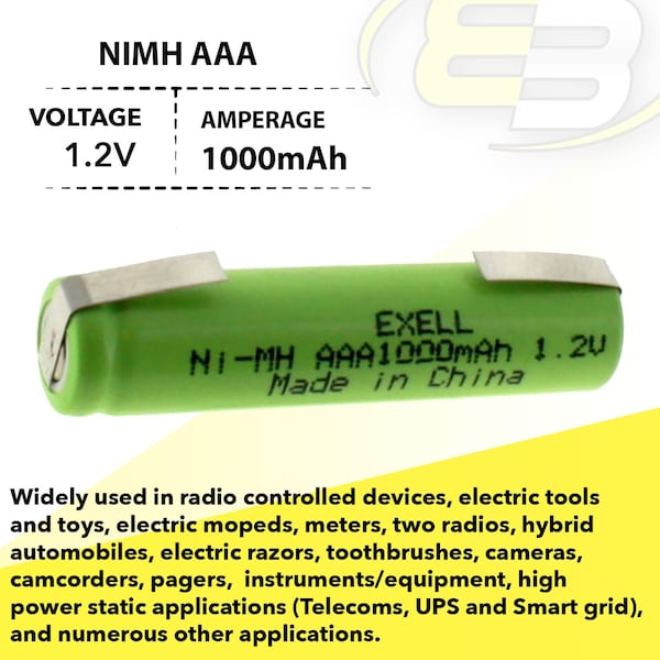 Exell Battery 1.2V NIMH AAA 1000mAh Rechargeable Battery with Tabs - EBC-526-1