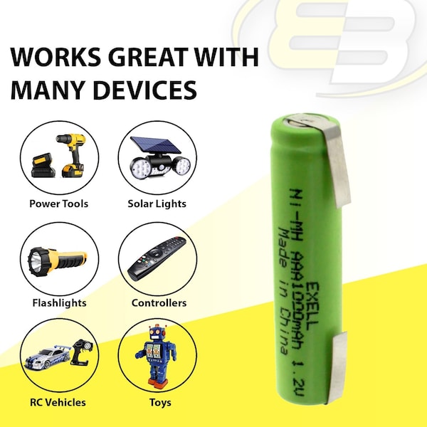 Exell Battery 1.2V NIMH AAA 1000mAh Rechargeable Battery with Tabs - EBC-526-1