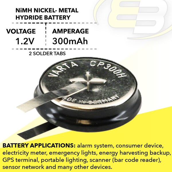 Exell Battery 1.2V 300mAh NiMH Battery w/TABS for RTC, MBU, Senors, Metering - 1/CP300H-TABS