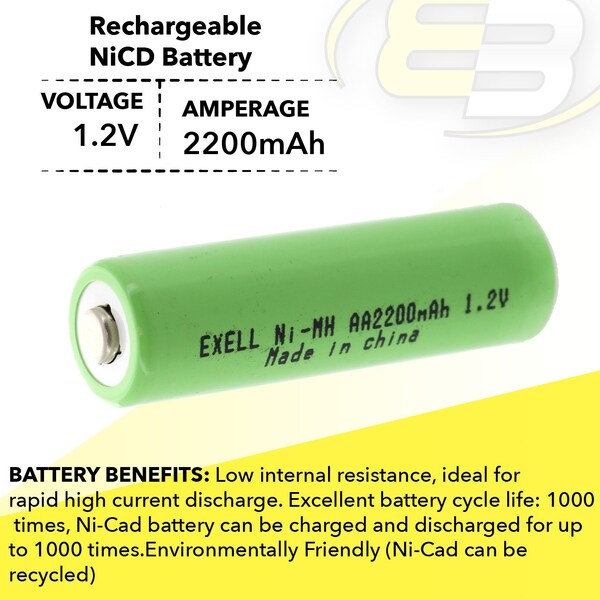 Exell Battery 1.2V AA  Rechargeable Button Top Battery for DIY, FRS, Keypads, Alarms - EBC-502