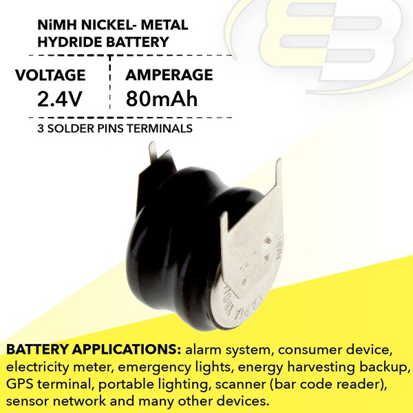 Exell Battery 2/V80H 3 Pin 2.4V 80mAh Battery 55608302059 for RTC, MBU, Removable Flashlight - 2/V80H-3P