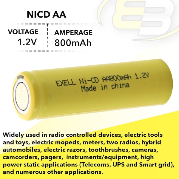 Exell Battery AA 1.2V 800mAh NiCd Rechargeable Flat Top Assembly Cell Battery - EBC-307-0