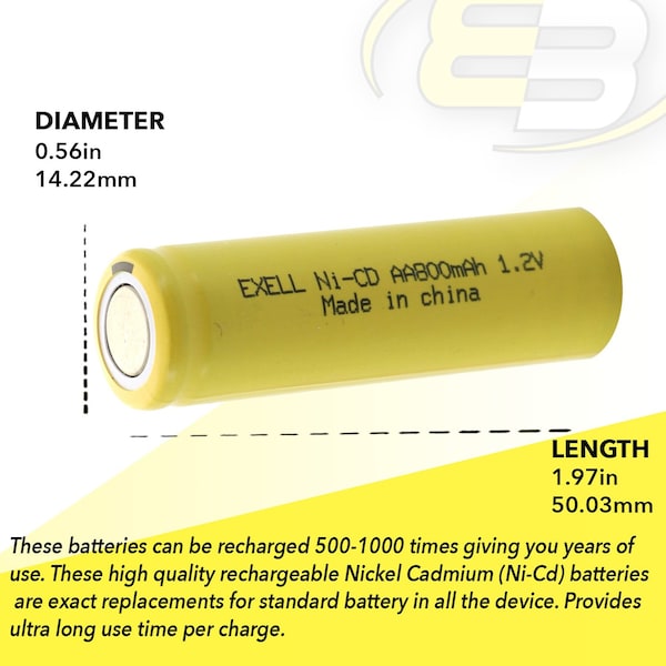 Exell Battery AA 1.2V 800mAh NiCd Rechargeable Flat Top Assembly Cell Battery - EBC-307-0