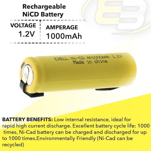 Exell Battery AA 1.2V 1000mAh Rechargeable Battery w/Tabs for LED Lights, Hobby, Alarms - EBC-308-1