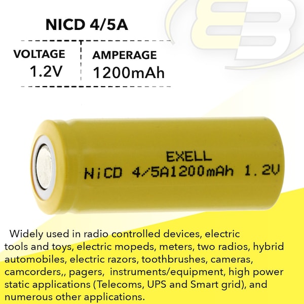 Exell Battery 4/5A 1.2V 1200mAh NiCD Flat Top Rechargeable Battery - EBC-301-0