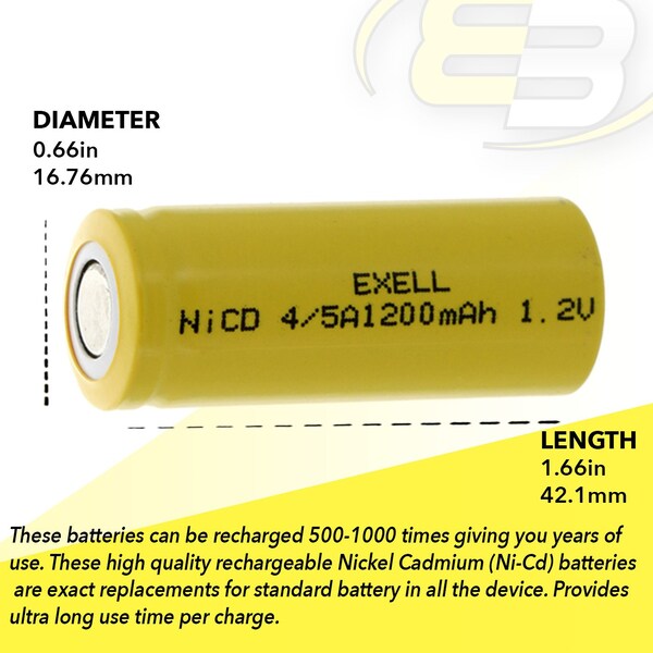 Exell Battery 4/5A 1.2V 1200mAh NiCD Flat Top Rechargeable Battery - EBC-301-0