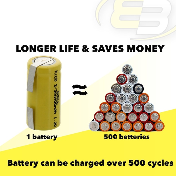 Exell Battery 2/3AA 1.2V 400mAh Rechargeable Battery w/Tabs for DIY, Radios, Power Packs - EBC-304-1