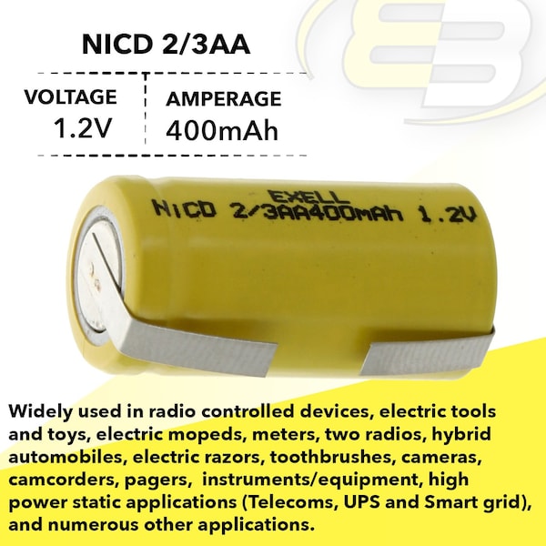 Exell Battery 2/3AA 1.2V 400mAh Rechargeable Battery w/Tabs for DIY, Radios, Power Packs - EBC-304-1