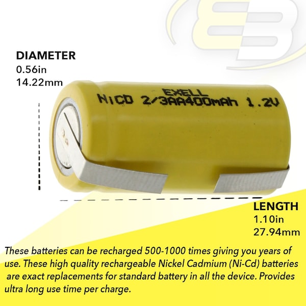 Exell Battery 2/3AA 1.2V 400mAh Rechargeable Battery w/Tabs for DIY, Radios, Power Packs - EBC-304-1