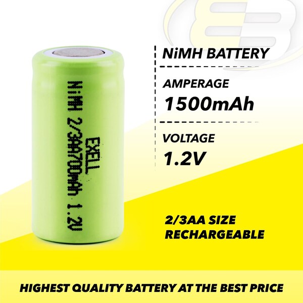 Exell Battery 2/3AA NiMH 700mAh 1.2V Flat top Rechargeable Battery - EBC-506-0