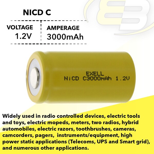 Exell Battery C Size 1.2V 3000mAh NiCD Flat Top Rechargeable Battery - EBC-335-0