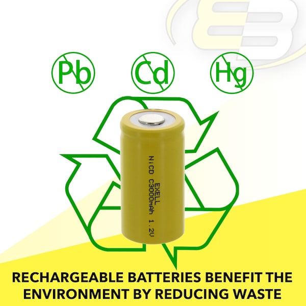 Exell Battery C Size 1.2V 3000mAh NiCD Flat Top Rechargeable Battery - EBC-335-0