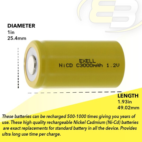 Exell Battery C Size 1.2V 3000mAh NiCD Flat Top Rechargeable Battery - EBC-335-0