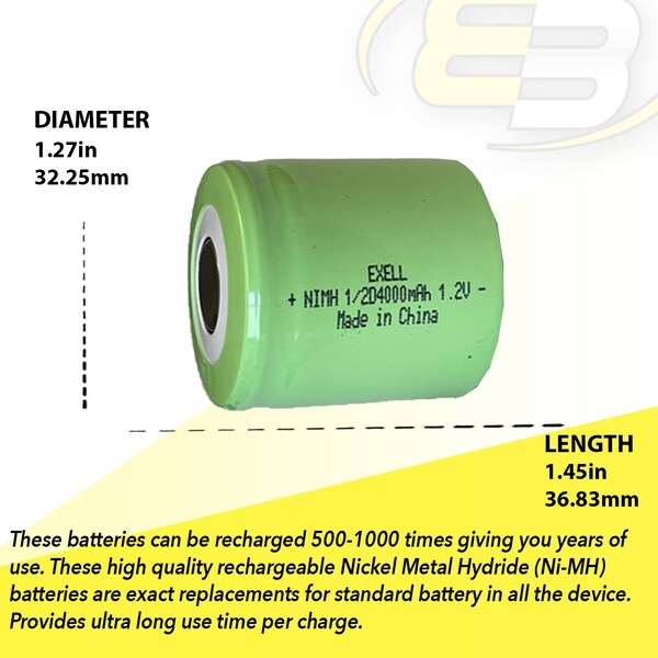 Exell Battery 1/2D Rechargeable Battery 4000mAh 1.2V Flat Top  for LED Lights, Tools, Meters - EBC-554-0
