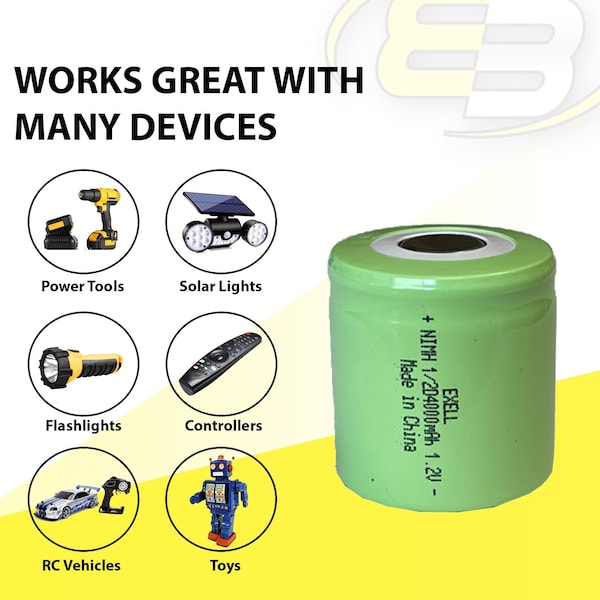 Exell Battery 1/2D Rechargeable Battery 4000mAh 1.2V Flat Top  for LED Lights, Tools, Meters - EBC-554-0