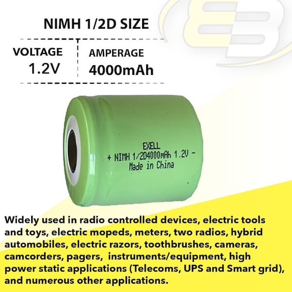 Exell Battery 1/2D Rechargeable Battery 4000mAh 1.2V Flat Top  for LED Lights, Tools, Meters - EBC-554-0