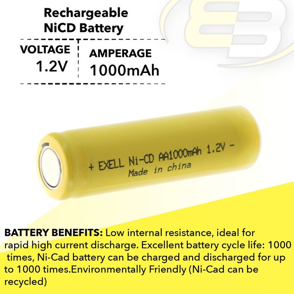Exell Battery AA 1.2V 1000mAh Flat Top Rechargeable Battery for DIY, Radios, Power Packs - EBC-308-0