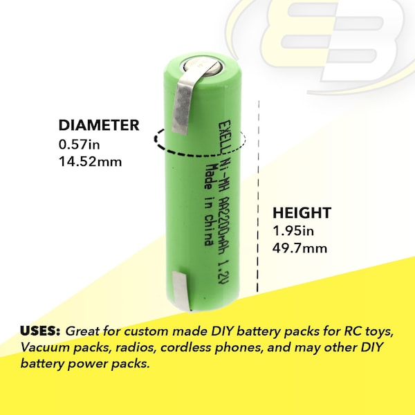 Exell Battery 1.2V AA Size 2200mAh NiMH Rechargeable Battery  w/ Tabs - EBC-502-1