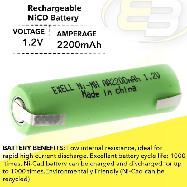 Exell Battery 1.2V AA Size 2200mAh NiMH Rechargeable Battery  w/ Tabs - EBC-502-1