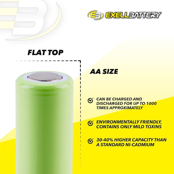 Exell Battery 1.2V AA 2200mAh Rechargeable NIMH Flat Top Battery - EBC-502-0
