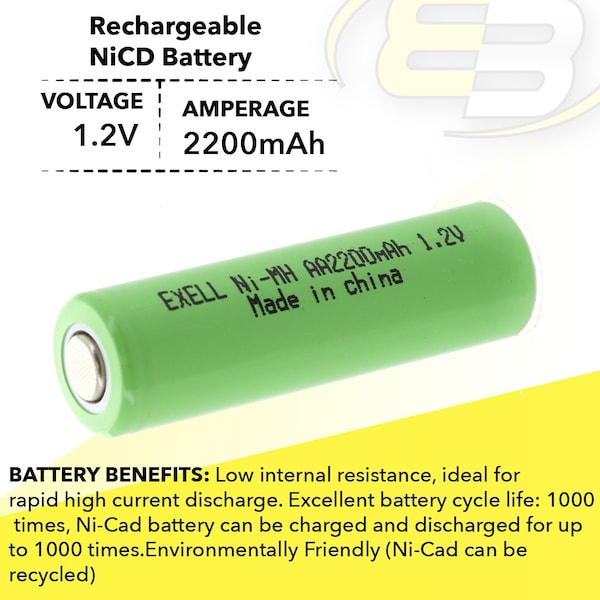 Exell Battery 1.2V AA 2200mAh Rechargeable NIMH Flat Top Battery - EBC-502-0