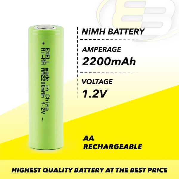 Exell Battery 1.2V AA 2200mAh Rechargeable NIMH Flat Top Battery - EBC-502-0