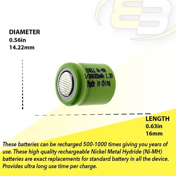 Exell Battery 1/3AA  1.2V Flat top Rechargeable Battery for DIY, FRS, Keypads, Alarms - EBC-504-0