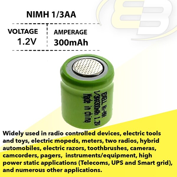 Exell Battery 1/3AA  1.2V Flat top Rechargeable Battery for DIY, FRS, Keypads, Alarms - EBC-504-0