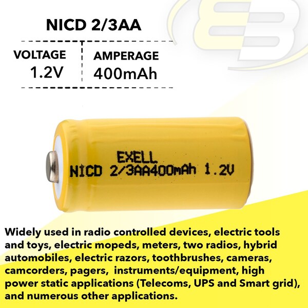 Exell Battery 2/3AA 1.2V 400mAh Button Top Rechargeable Battery for DIY, Radios, Power Packs - EBC-304