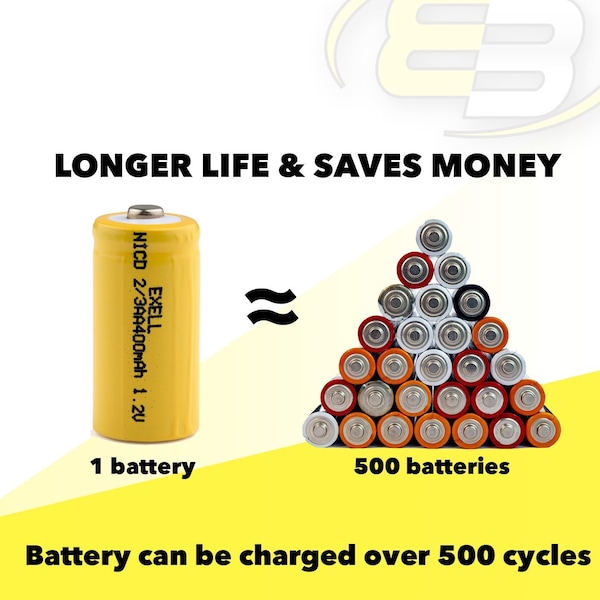 Exell Battery 2/3AA 1.2V 400mAh Button Top Rechargeable Battery for DIY, Radios, Power Packs - EBC-304