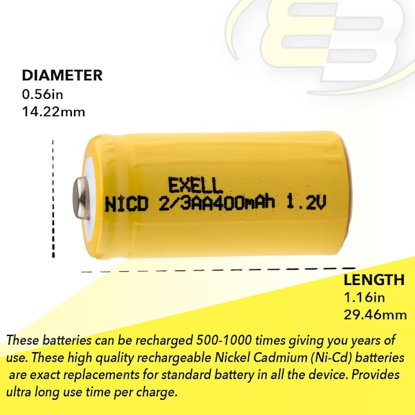 Exell Battery 2/3AA 1.2V 400mAh Button Top Rechargeable Battery for DIY, Radios, Power Packs - EBC-304