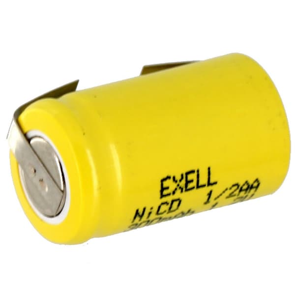 Exell Battery 1/2AA NiCD 300mAh 1.2V Flat top Rechargeable Battery with Tabs - EBC-305-1