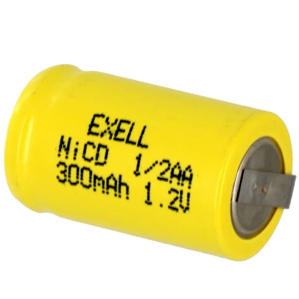 Exell Battery 1/2AA NiCD 300mAh 1.2V Flat top Rechargeable Battery with Tabs - EBC-305-1