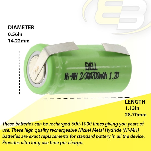 Exell Battery 2/3AA NiMH 700mAh 1.2V Flat top Rechargeable Battery with Tabs - EBC-506-1