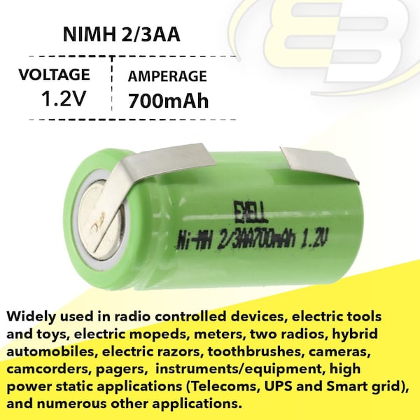 Exell Battery 2/3AA NiMH 700mAh 1.2V Flat top Rechargeable Battery with Tabs - EBC-506-1