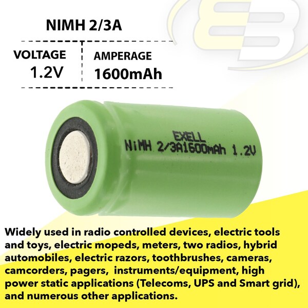 Exell Battery 2/3A 1600mAh 1.2V NIMH Rechargeable Flat Top Battery - EBC-512-0