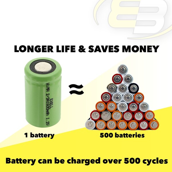 Exell Battery 2/3A 1600mAh 1.2V NIMH Rechargeable Flat Top Battery - EBC-512-0