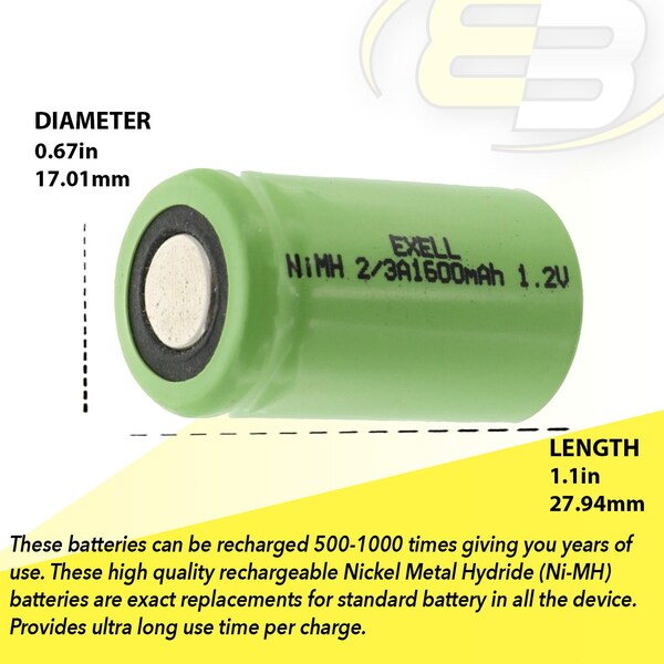 Exell Battery 2/3A 1600mAh 1.2V NIMH Rechargeable Flat Top Battery - EBC-512-0