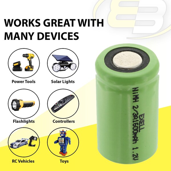 Exell Battery 2/3A 1600mAh 1.2V NIMH Rechargeable Flat Top Battery - EBC-512-0