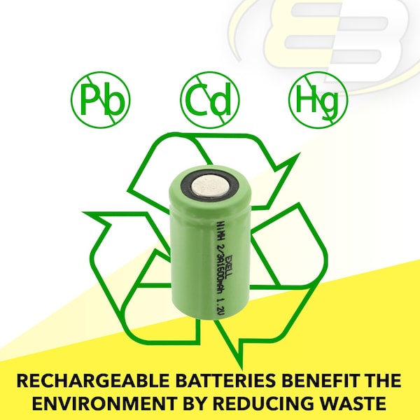 Exell Battery 2/3A 1600mAh 1.2V NIMH Rechargeable Flat Top Battery - EBC-512-0