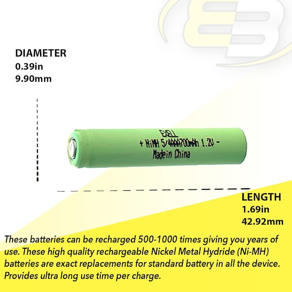 Exell Battery 5/4AAA Size 1.2V 700mAh NiMH Rechargeable Battery Flat Top - EBC-523-0