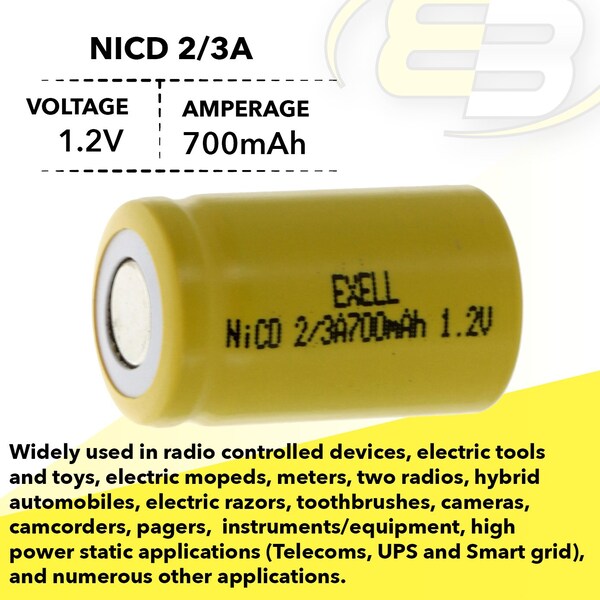 Exell Battery 2/3A Size 1.2V 700mAh NiCD Flat Top Rechargeable Battery - EBC-302-0