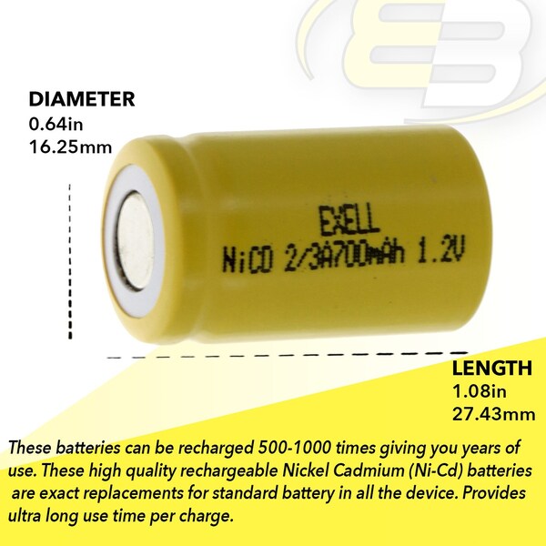 Exell Battery 2/3A Size 1.2V 700mAh NiCD Flat Top Rechargeable Battery - EBC-302-0