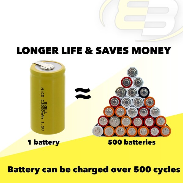 Exell Battery C Size 1.2V 3000mAh NiCD Rechargeable Battery with Tabs - EBC-335-1